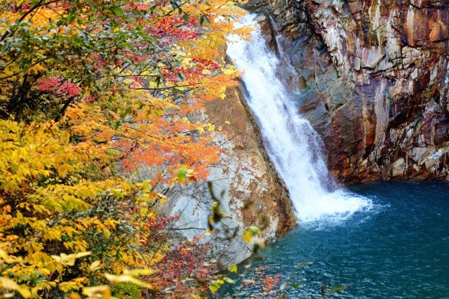 紅葉と滝の見事なコラボレーション【pixta】