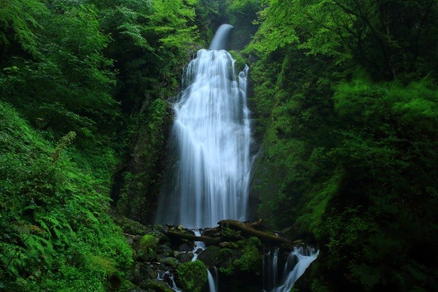 優美な姿の「回顧の滝」は落差30m