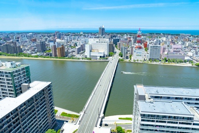 メディアシップ展望フロアから眺める萬代橋【pixta】